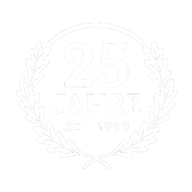 Jubiläumslogo 25 Jahre Mischler Landmaschinen- und Metallbau in Schwarzenegg – weisse Variante, Qualität und Tradition für Kunden in Oberlangenegg, Unterlangenegg und Heimenschwand.